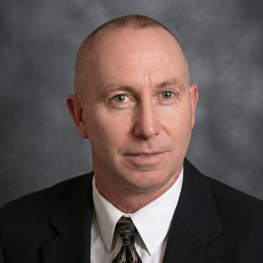 Head-and-shoulders portrait of a middle-aged man in a black suit and striped tie against a gray backdrop.