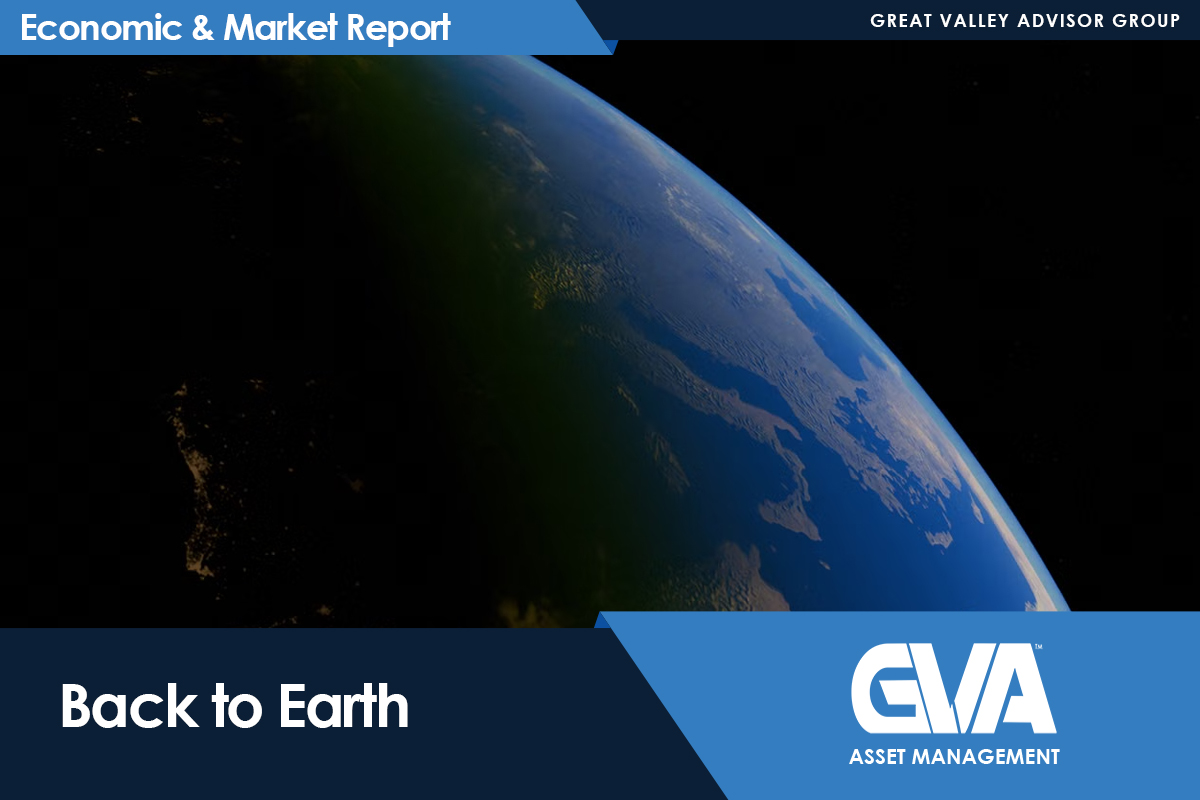 Cover image for an Economic & Market Report showing Earth from space with the title 'Back to Earth' and GVA Asset Management branding.