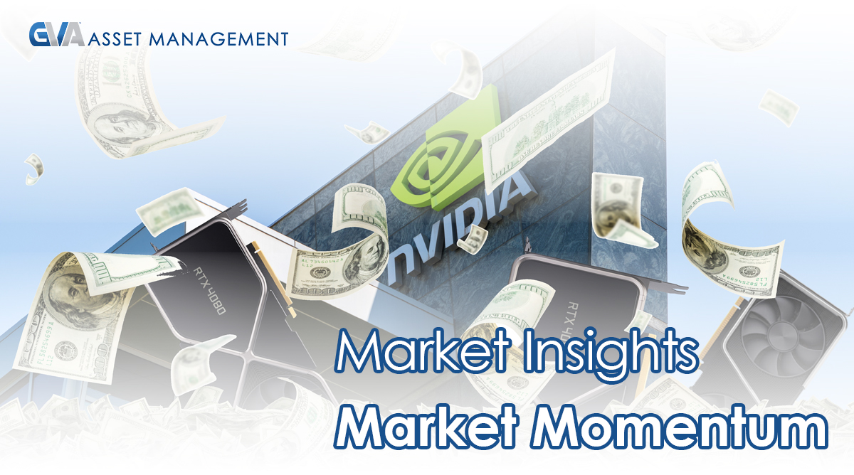 Banner for CVA Asset Management showing cash raining over graphics cards and a building with 'Market Insights' and 'Market Momentum' text above.